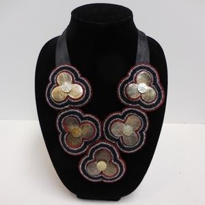 Beaded Shell Bib Necklace  Adjustable Ribbon  NWOT